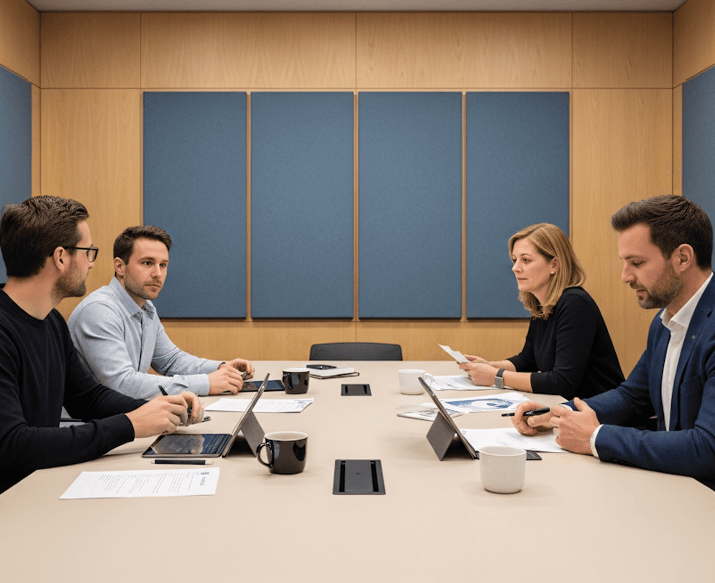 Group team member analyzing a plan or technical blueprint together.