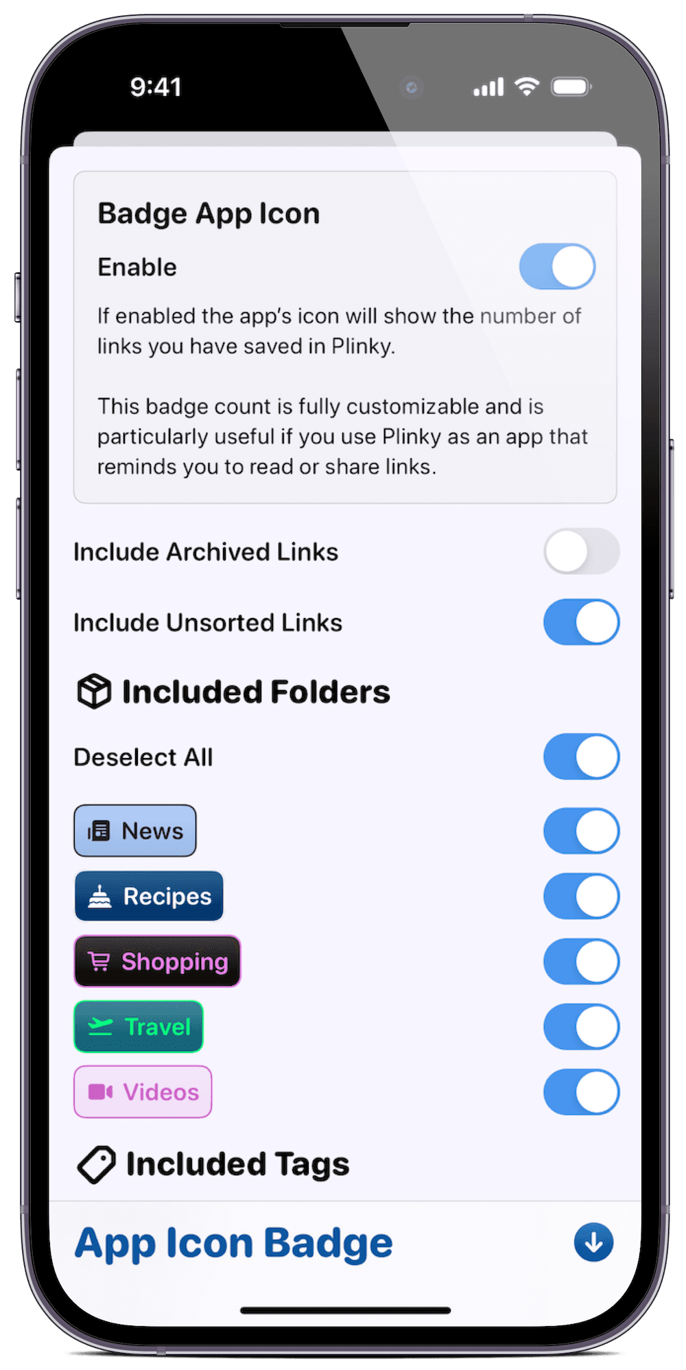The App Icon Badges screen, with archived links not included in the badge count, unsorted links included, and the folders News, Recipes, Shopping, Travel, and Videos included in the badge count