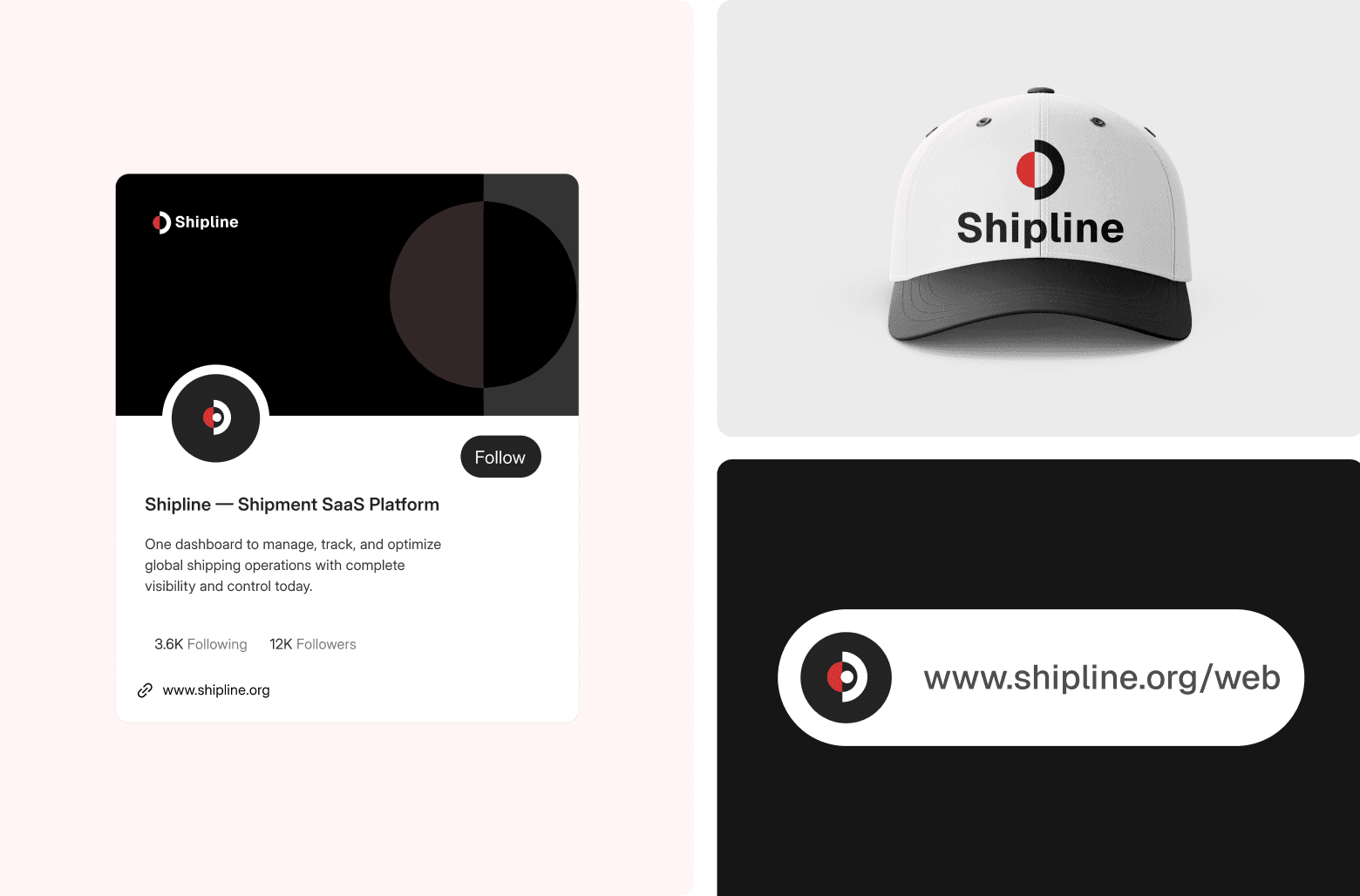 Shipline brand identity mockups including social profile card, branded cap, and website URL display.