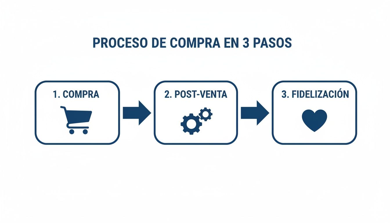 Diagrama que ilustra el proceso de compra en 3 pasos: compra, post-venta y fidelización de clientes.