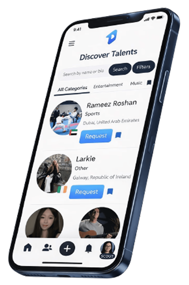 Talvago mobile app showcasing global talent discovery and profiles