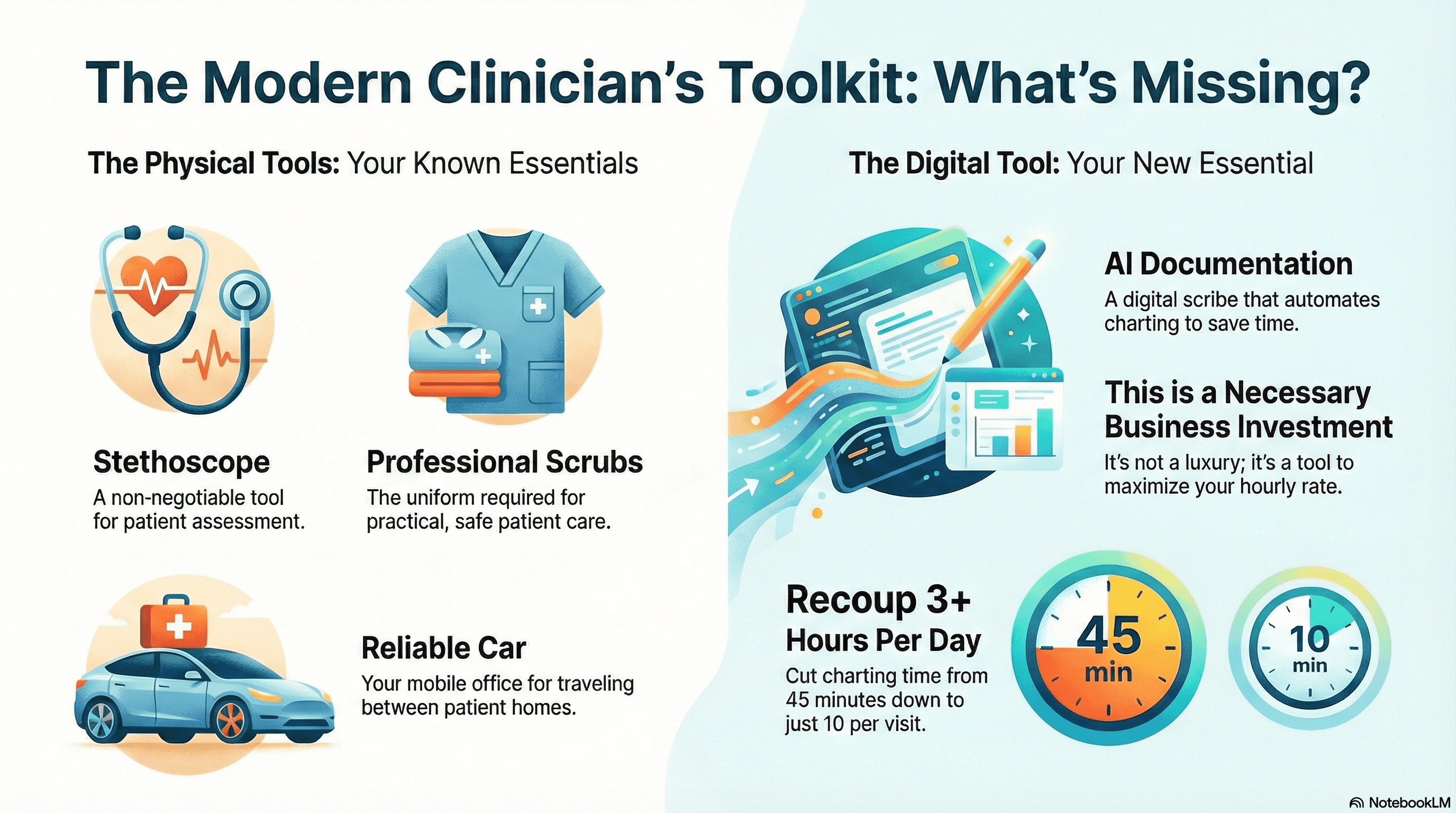 Illustration of a nurse's toolkit showing standard items like a stethoscope and scrubs alongside AI documentation software, positioning technology as an essential asset for independent contractors.