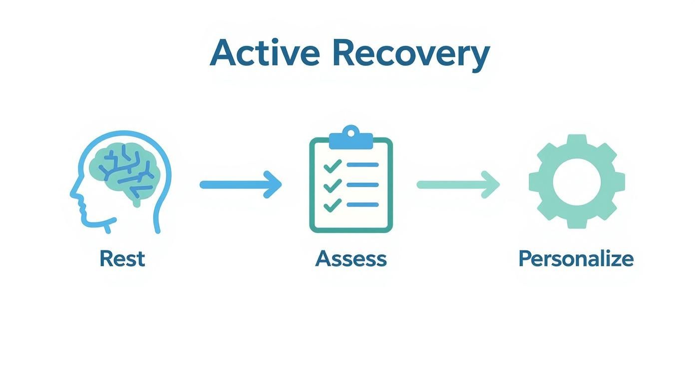 Active recovery process diagram showing three steps: rest with brain icon, assess with checklist, and personalize with gear icon