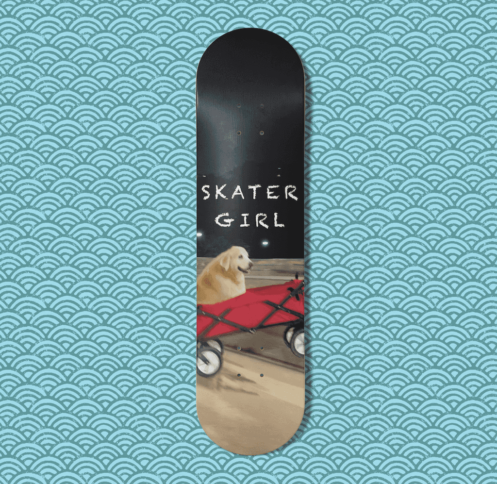 An illustration of a skateboard, with a graphic showing a golden retriever in a wagon rolling down a slope. This serves as the album cover of the music video "Skatergirl".