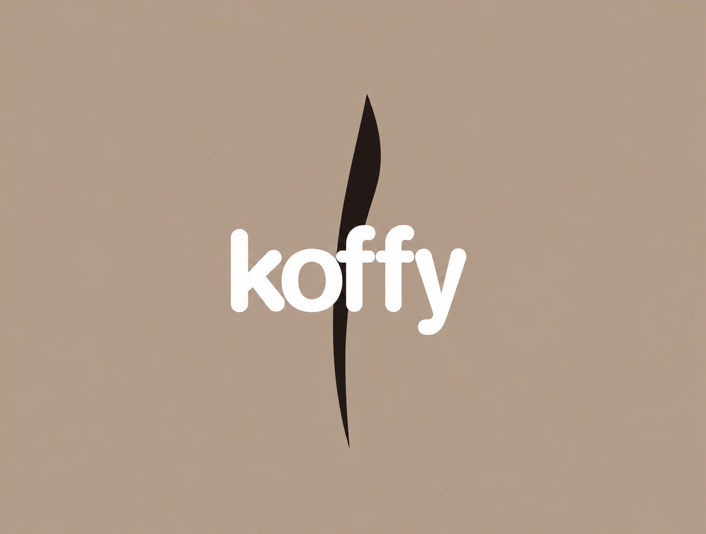 The Koffy logotype in white on tan, the bean crease rising behind the letters.