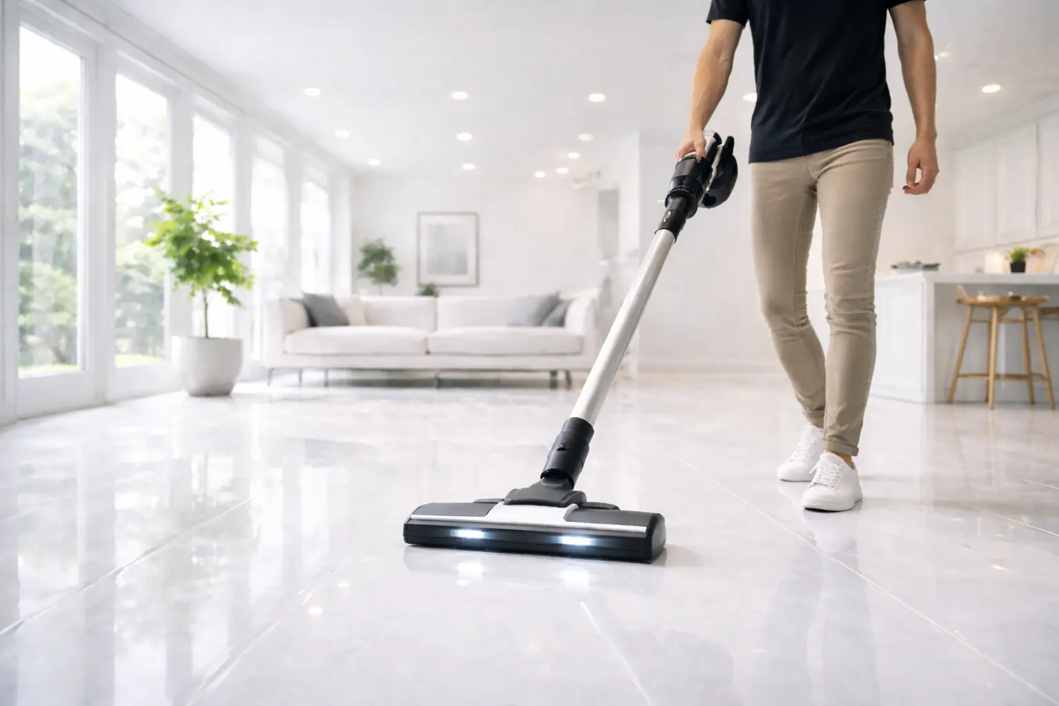 A clean house with an up close shot of a vacuum cleaning a sparkling white floor.