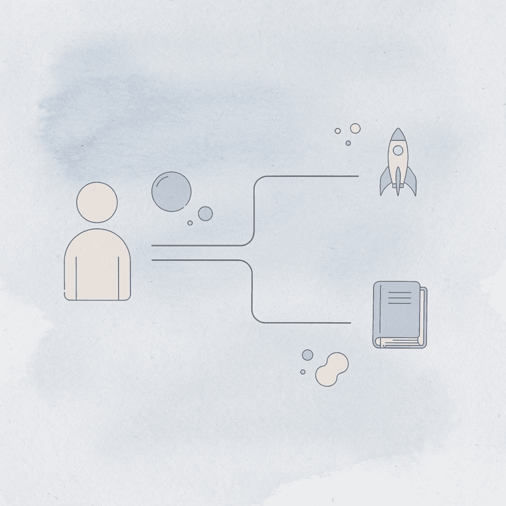 Icon showing a single choice splitting into two paths: scrolling versus creating