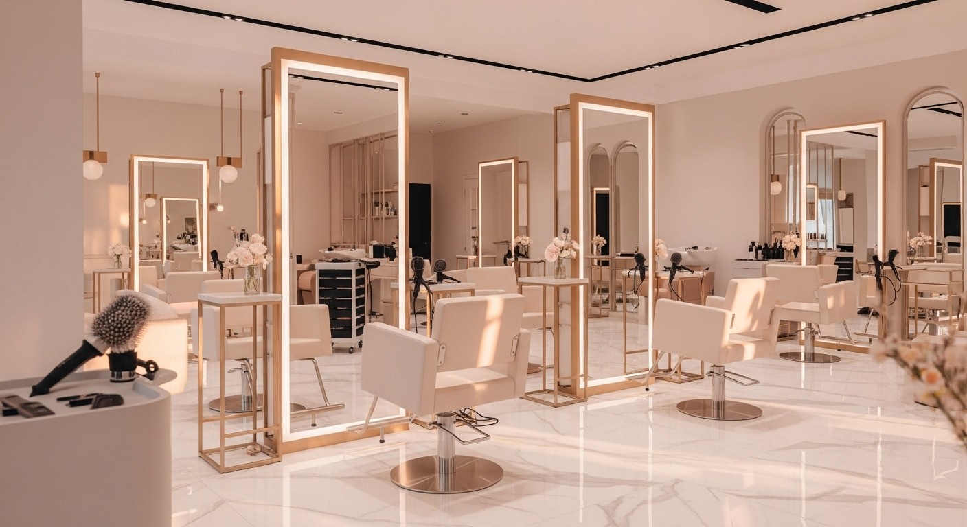 Luxurious hair salon with white chairs, gold-framed LED mirrors, and marble floors in bright, warm light.