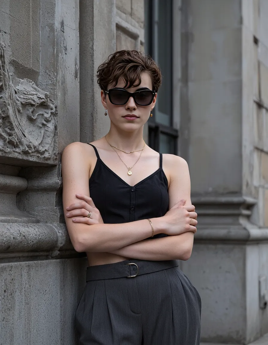 Stylish figure in black outfit with sunglasses leaning against historic stone building, showcasing urban editorial fashion aesthetic