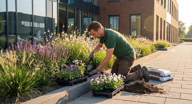 Tuinier plant bloemen bij bedrijfspand voor professioneel groenonderhoud.