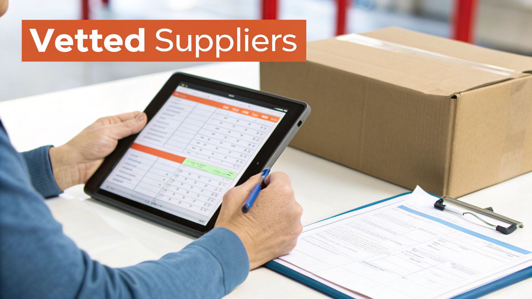 A person reviews data on a tablet and paper while sitting at a desk with a shipping box, text reads 