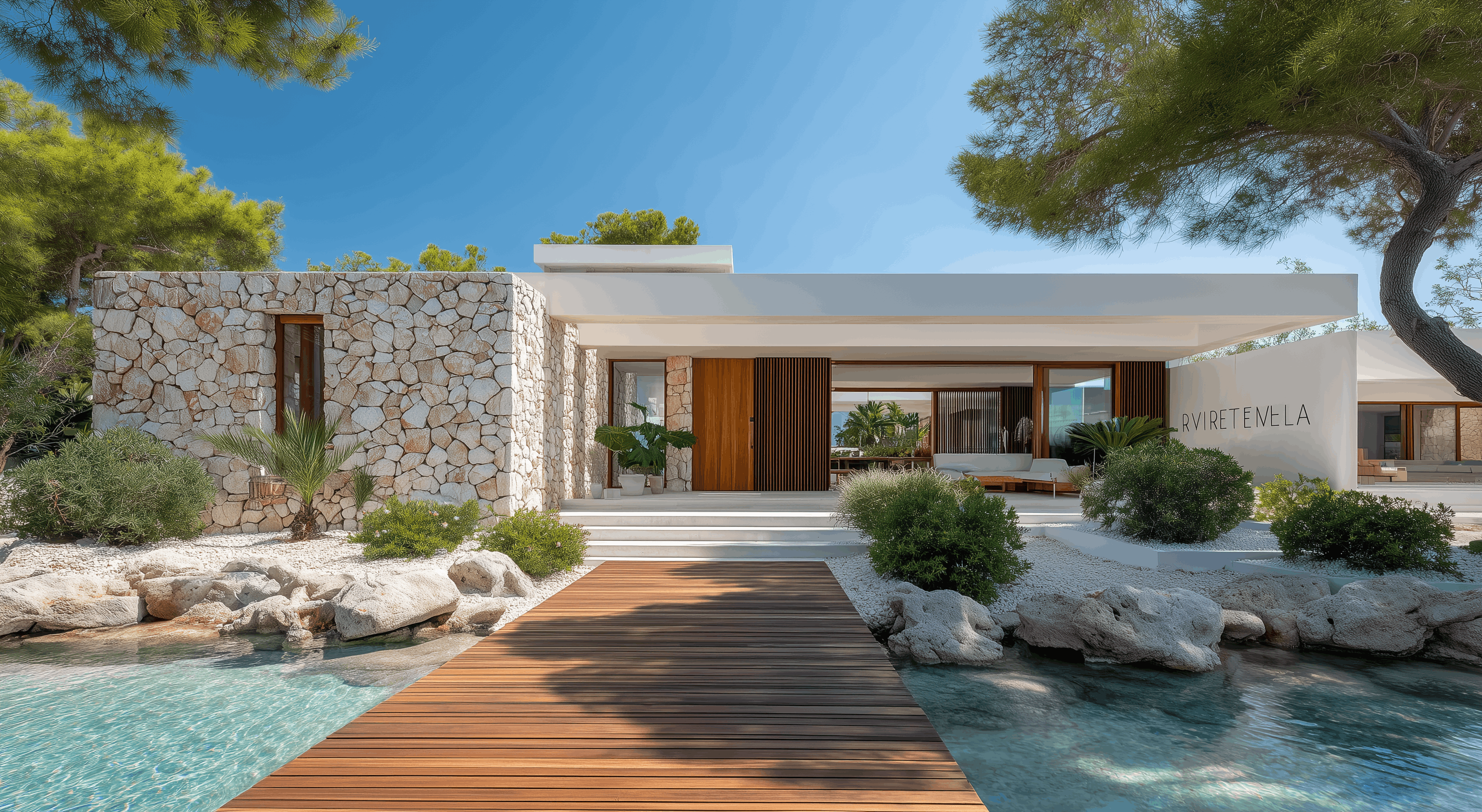 A luxurious two-story white villa with smooth, rounded architectural lines and wide arched openings. A large outdoor patio with seating is shaded by the building's overhang. In the foreground, a calm swimming pool reflects the warm tones of the architecture and the soft daylight, surrounded by minimalist landscaping and olive trees.