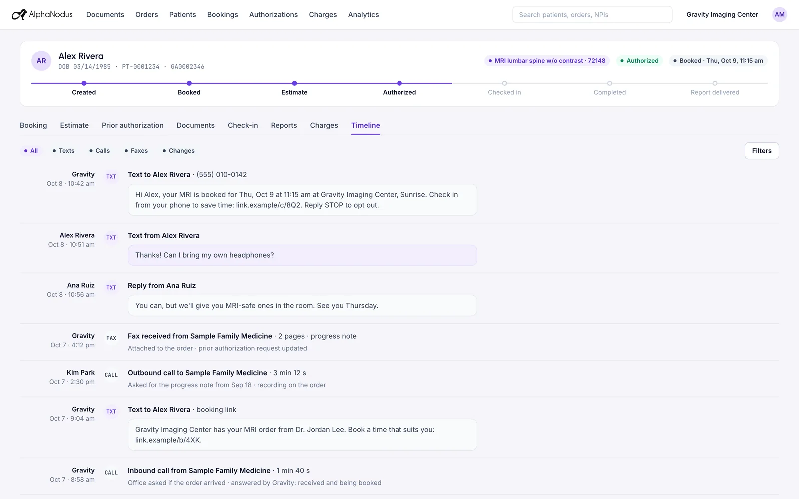 An order’s timeline in Gravity: texts with the patient both ways, a call to the referring office, and faxes received, all in one thread on the order