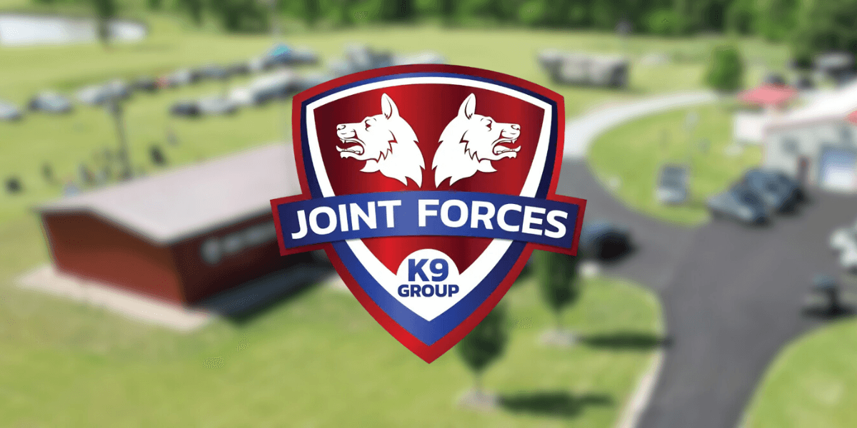 "Joint Forces K9 logo with training facility in the background, offering professional dog training and boarding services."