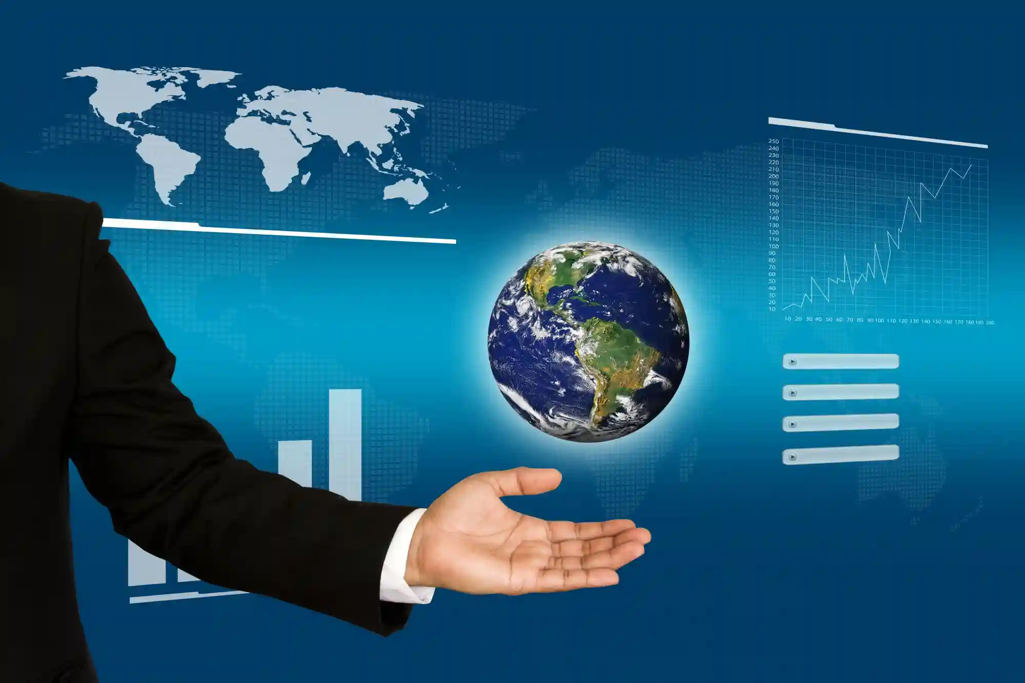 A professional in a suit gesturing toward a floating globe surrounded by digital data charts and global analytics.