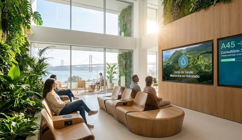 Sala de espera moderna e luminosa em Lisboa, com vista para a Ponte 25 de Abril, paredes verdes e móveis de madeira. Dois ecrãs digitais estão embutidos na parede; o maior exibe "Dicas de Saúde: Mantenha-se Hidratado" sobre uma paisagem natural, e o menor, vertical, mostra a fila de espera "A45 → Consultório 3 (Tempo estimado: 2 min)".