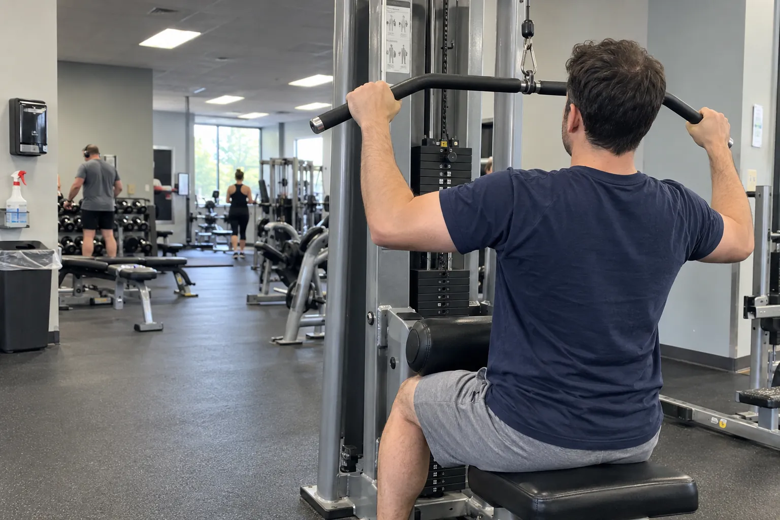 AI-generated editorial image of an athlete at a lat pulldown station in an everyday gym