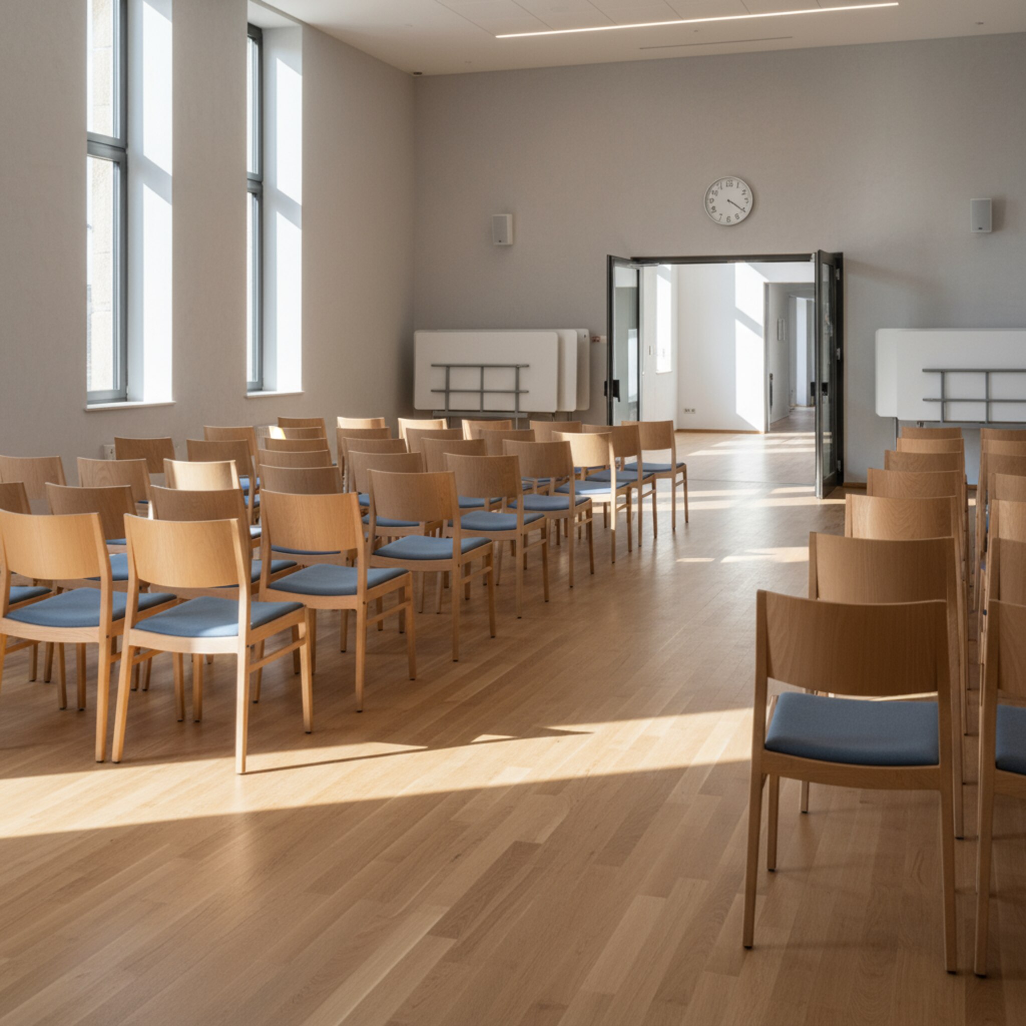 Ein leerer, aufgeräumter Saal mit sauber ausgerichteten Stuhlreihen wartet auf die nächste Gruppe. Weiches Morgenlicht zeichnet klare Linien auf den Boden. Die Eingangstür steht offen, eine Uhr zeigt kurz vor Beginn. An der Seite sind zusammengefaltete Tische ordentlich gestapelt.