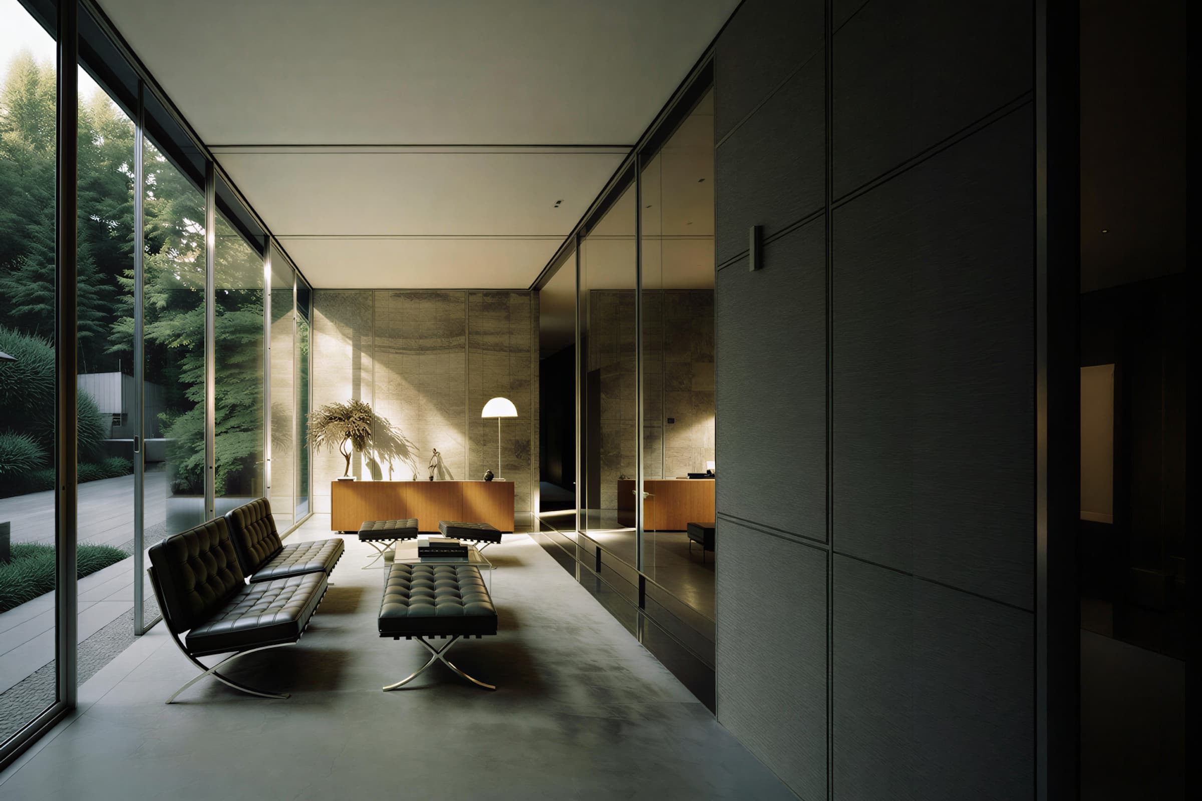 A serene, modern living room with minimalist furniture, including sleek black sofas and a low table, framed by floor-to-ceiling glass windows that illuminate the space with natural light and offer a lush, green garden view.
