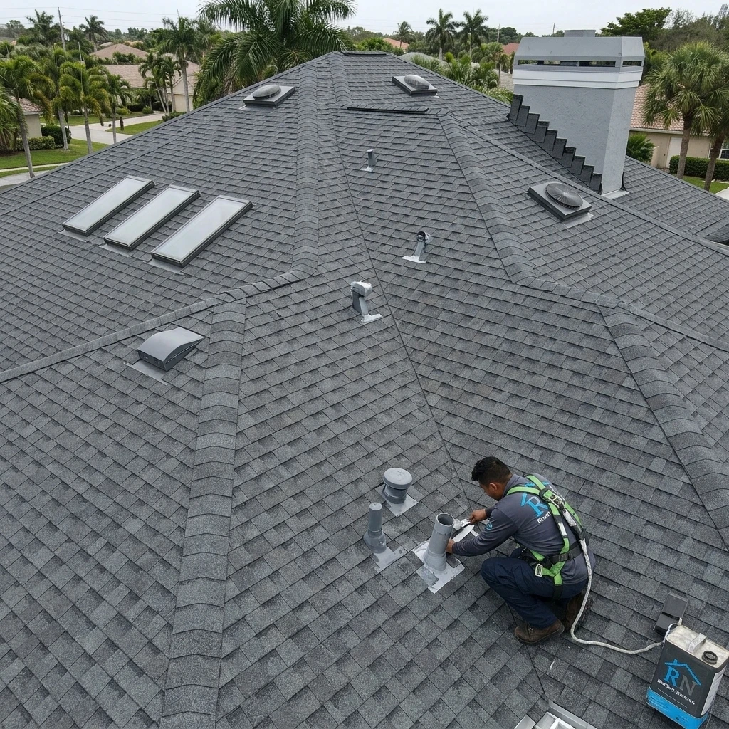 Cut-up hip roof with multiple valleys skylights and penetrations that increase roof replacement cost