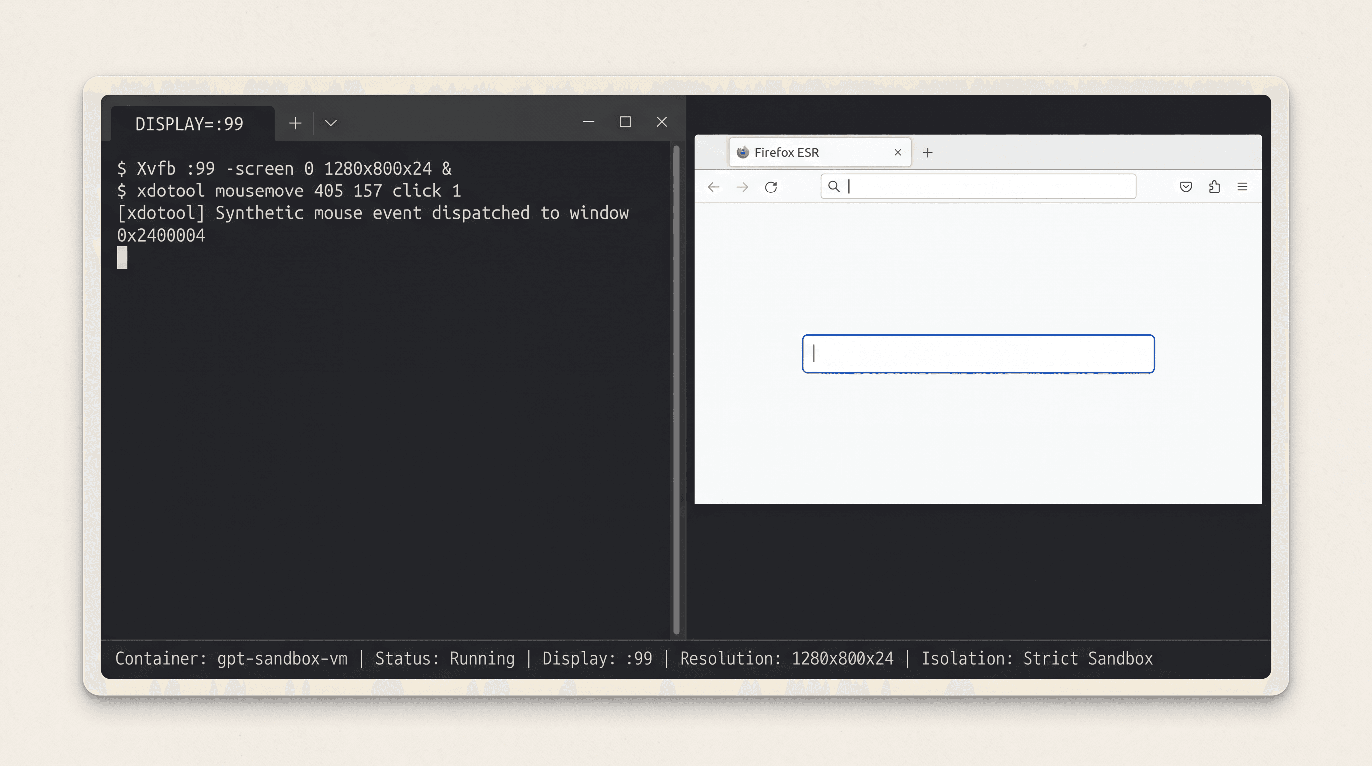 Teaching reconstruction of sandboxed Docker virtual desktop container running Xvfb display 99 and xdotool
