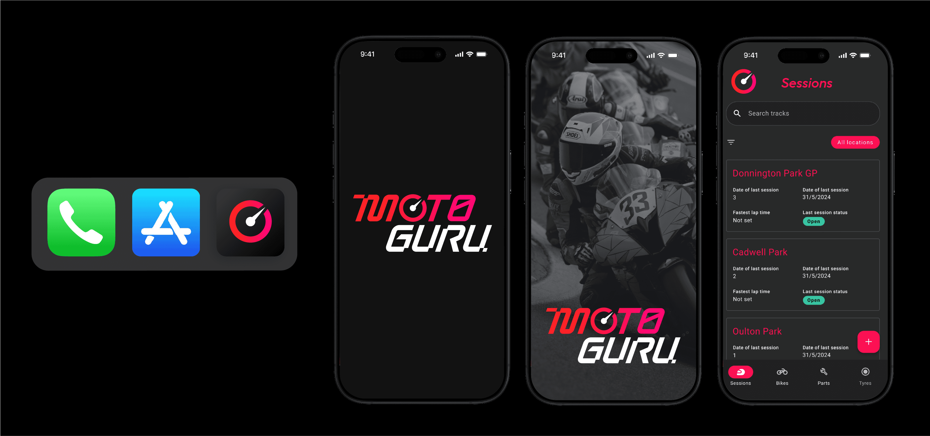 Moto Guru logo, app icon and app screens