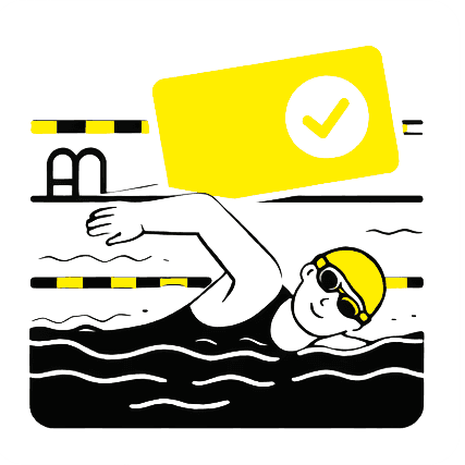 Illustration: Schwimmer im Sportbecken mit Mitgliedskarte – ‚kostenlos schwimmen für Mitglieder‘ im Campusbad und zusätzliche Schwimmzeiten im Freibad Hoheneck.