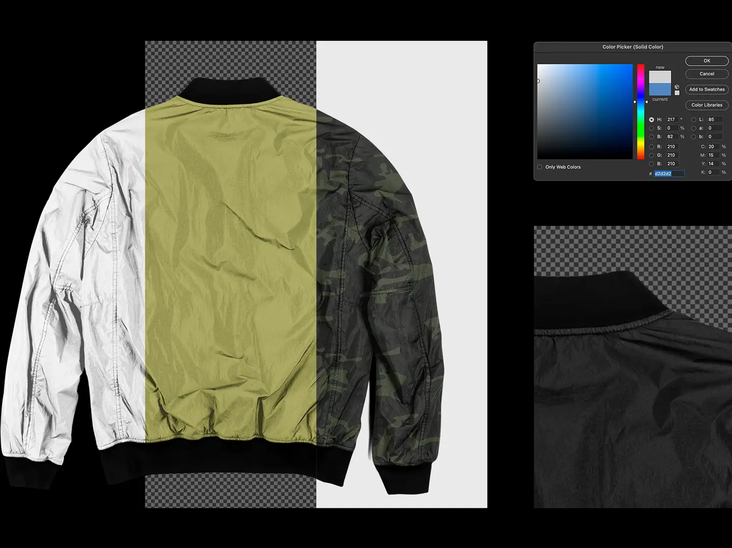 Photoshop workspace showing color customization and camo pattern options for the bomber jacket mockup