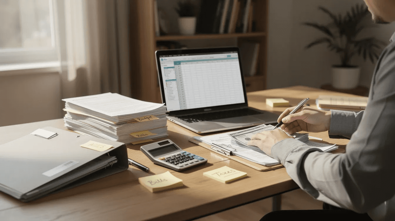 A person is sitting at a desk in a home office, diligently organizing various financial documents, including tax forms and investment statements. This scene highlights the importance of tax planning and strategies for managing taxable income and maximizing tax benefits.
