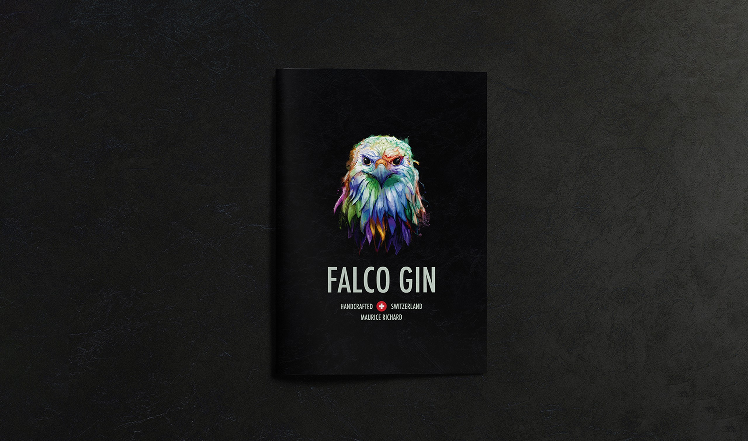 Falco Gin editorial design — premium print booklet character illustration art direction