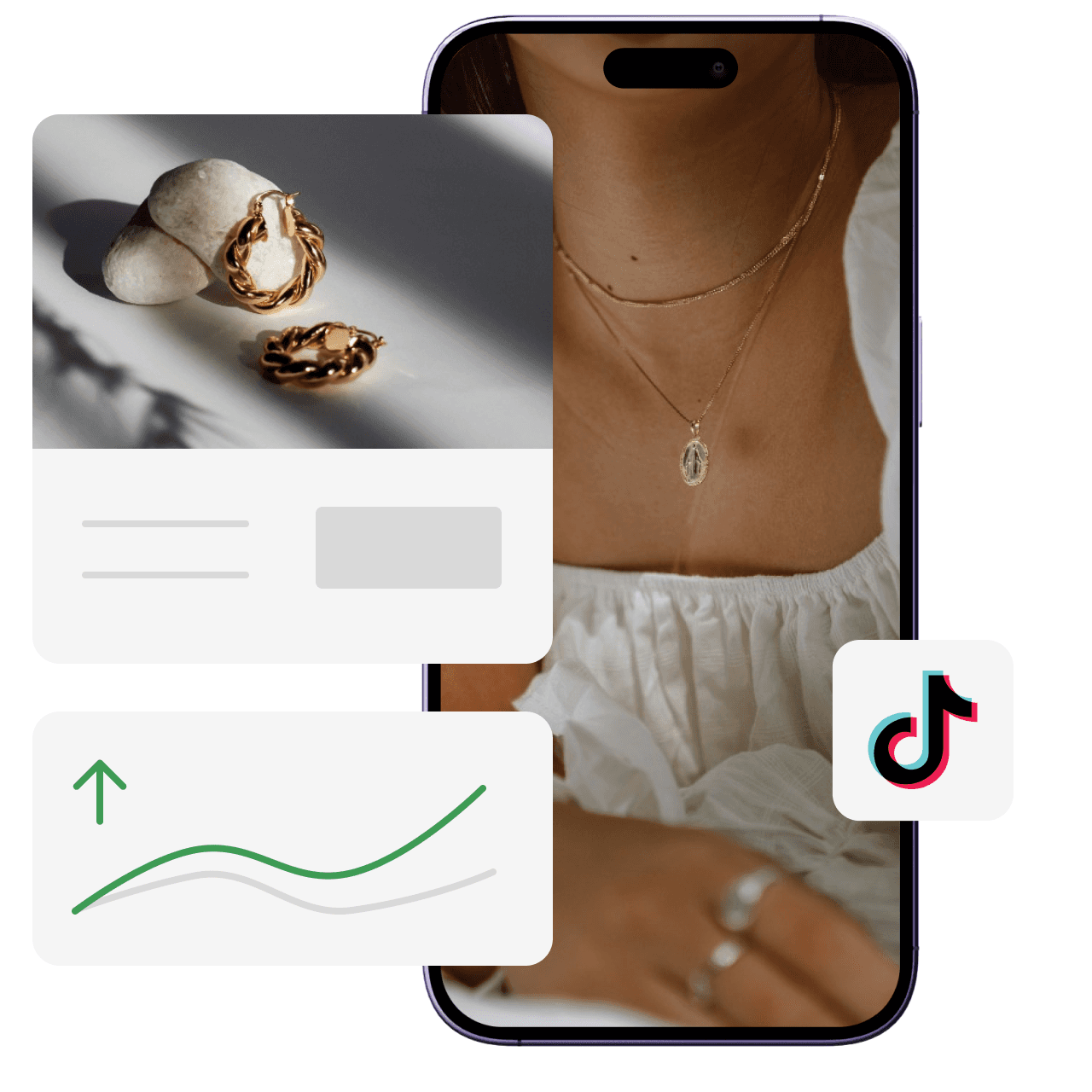 TikTok ad featuring jewelry with performance graph indicators and a product shot displayed on a smartphone