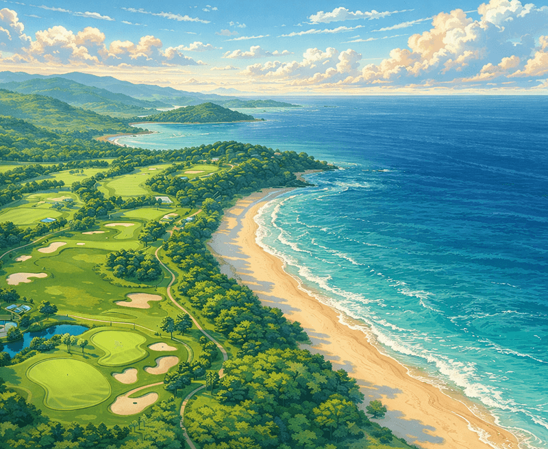 An artistic representation of a golf course set on the beach, featuring lush fairways and the ocean's blue waves.