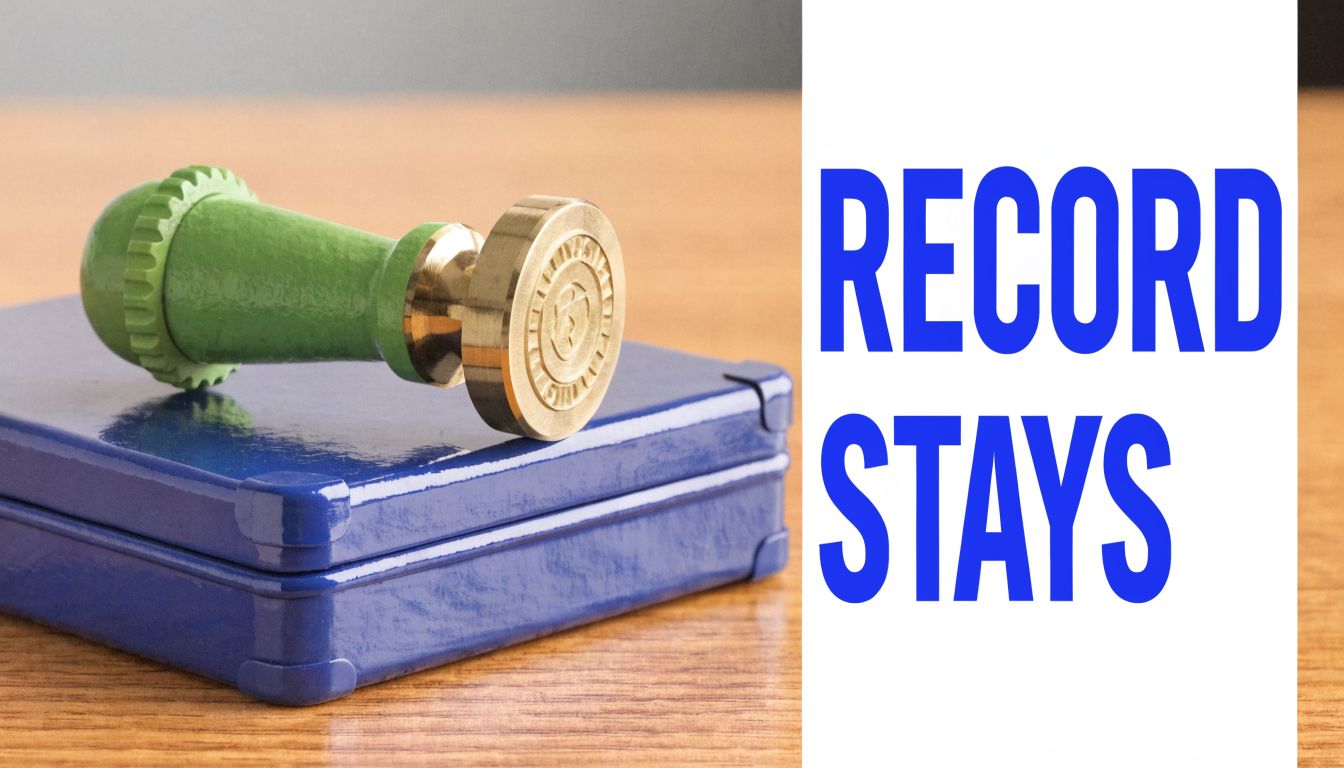 A brass stamper resting on a blue case next to the text Record Stays on a wooden table.