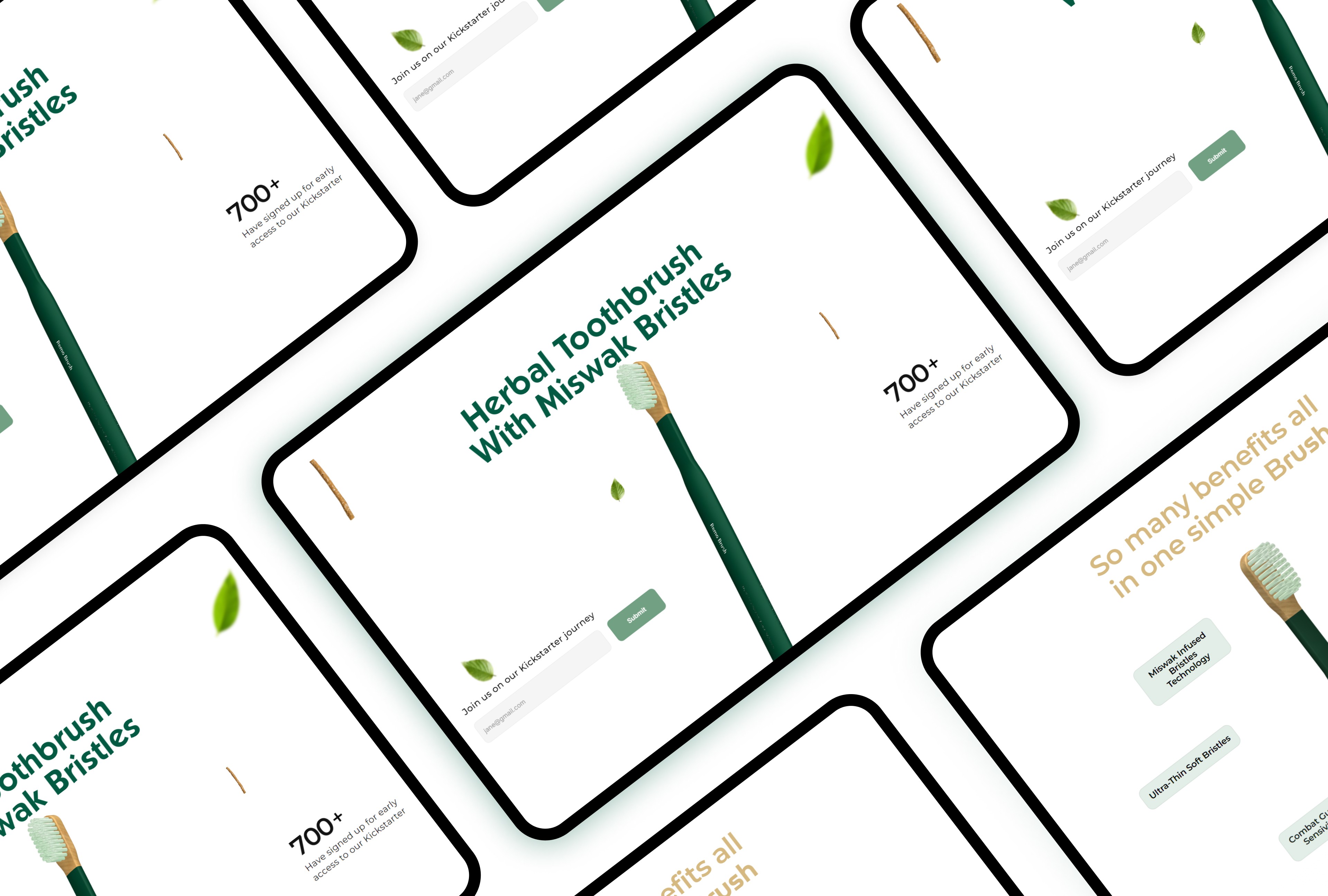 Responsive web and mobile designs for a herbal toothbrush with miswak bristles, created by The Editor Suite. Multiple screens are displayed, demonstrating the consistent branding and user interface across different devices. The designs emphasize a signup form and highlight the product's key features and benefits. This image showcases the comprehensive digital strategy developed for the toothbrush brand.