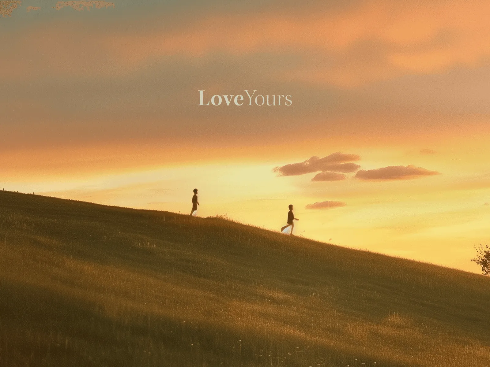 Silhouettes of two people walking on a hill at sunset, with a vibrant sky and soft clouds in the background.