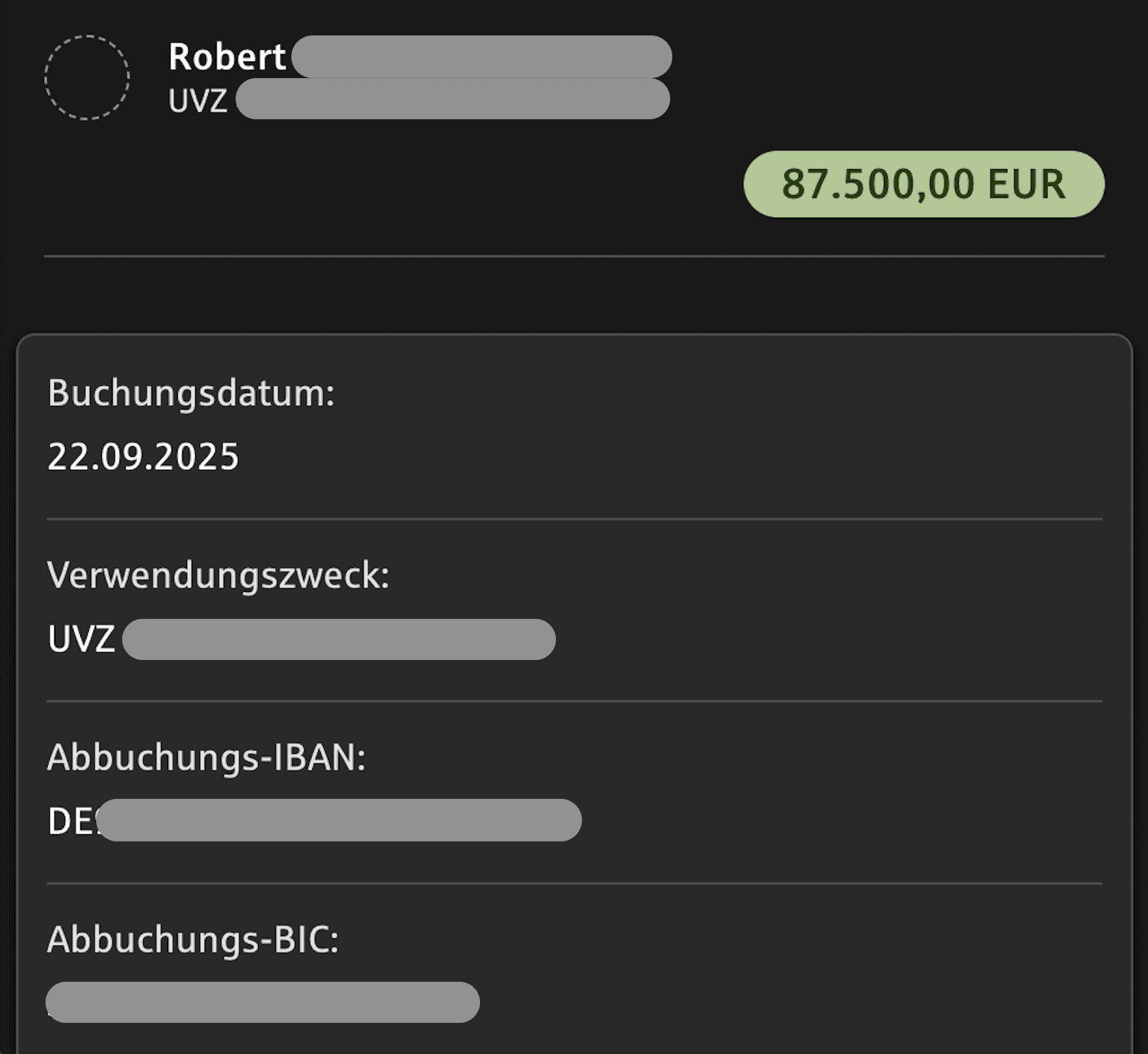 Überweisung €87.500