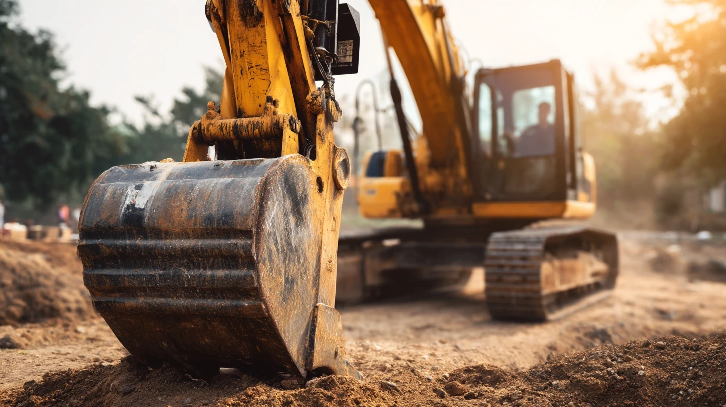 A heavy-duty yellow excavator construction vehicle, representing heavy equipment hauling services.