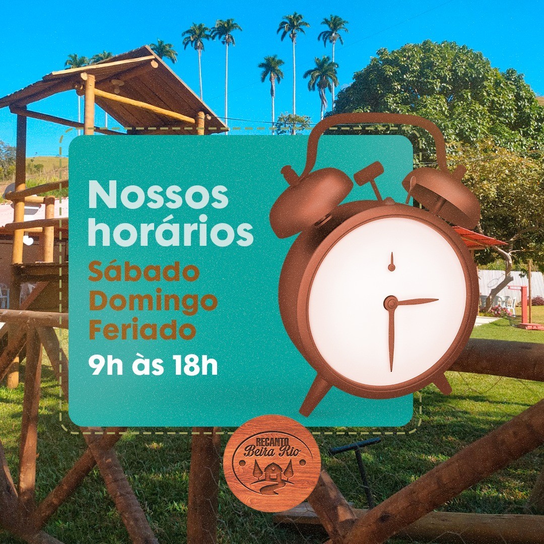 Horários de atendimento do Recanto Beira Rio, Pousada & Restaurante no Sítio Itaguaçu, Calheiros, disponível aos sábados, domingos e feriados para lazer e refeições ao ar livre