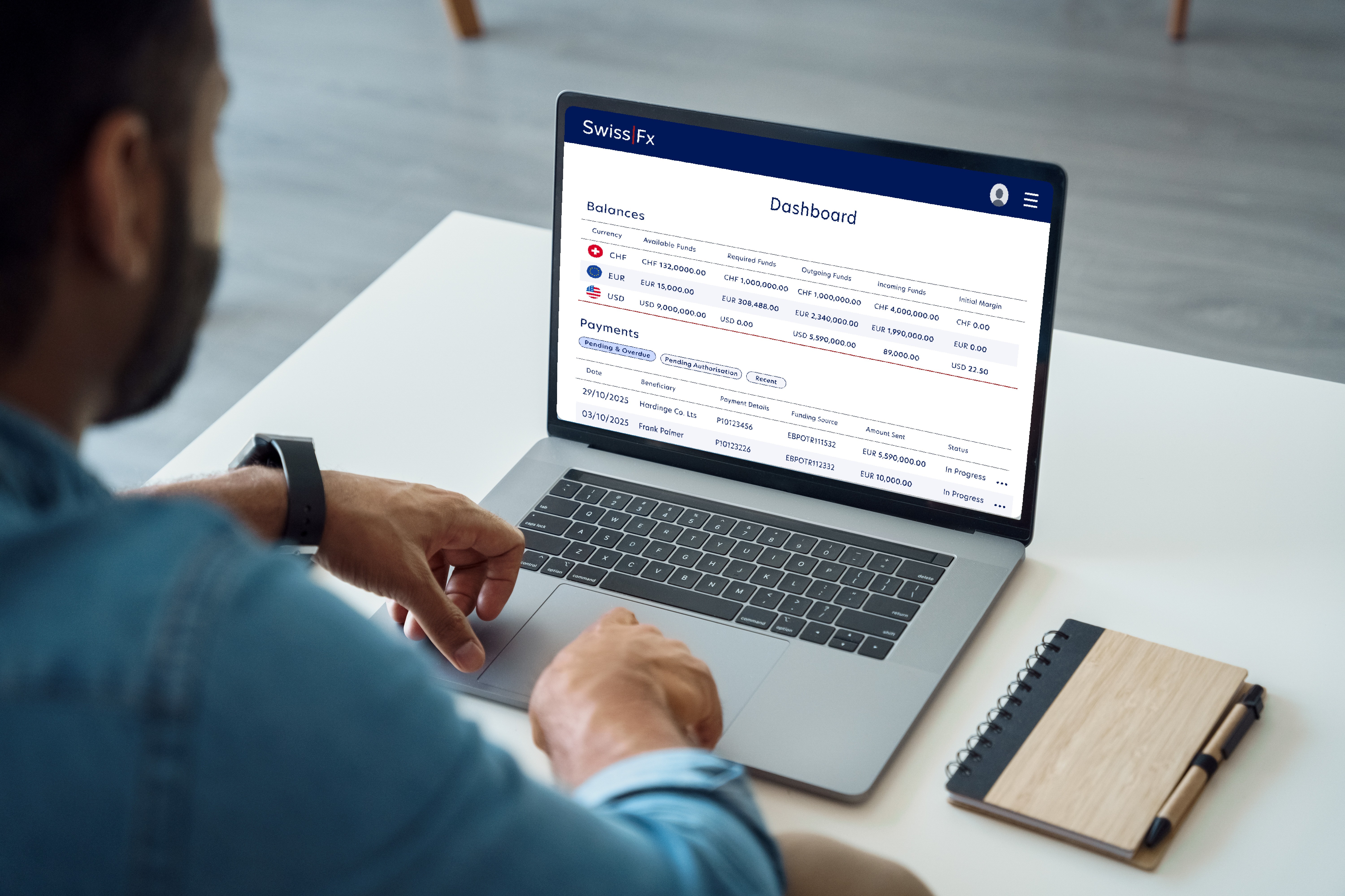 A man reviews the status of their SwissFx account on their laptop.