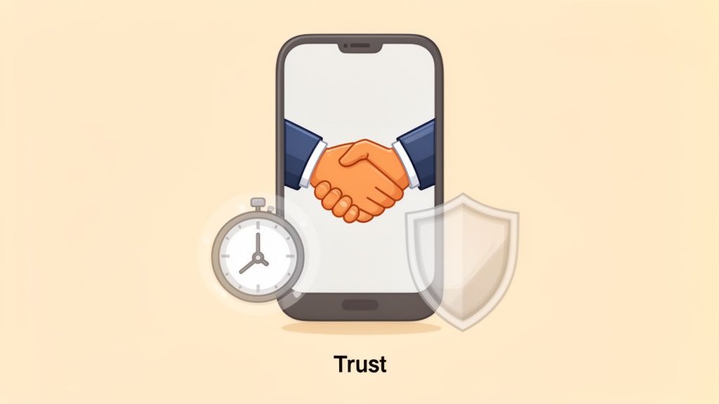 A smartphone showing a handshake, flanked by a stopwatch and shield, representing digital trust and security.