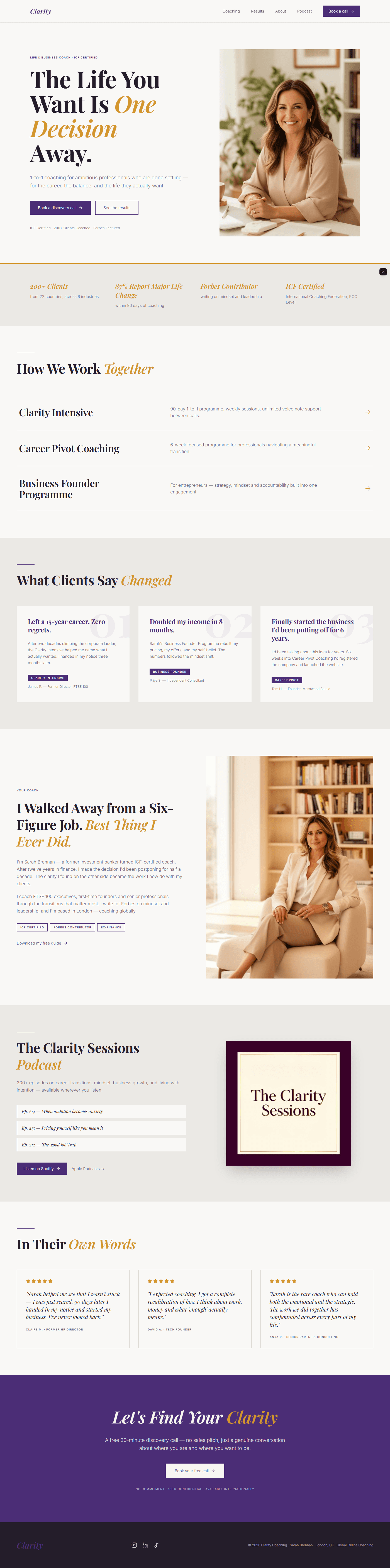 Life coach website prompt full preview — warm off-white #faf8f4 background with deep plum #5a3480 primary and warm gold #c9913a accent, Playfair Display 700 split hero headline with static portrait image and ICF Certified trust chips, full-width warm surface transformation stats strip with four gold Playfair italic stats, three hover-raise programme rows with gold arrows, and three client result cards with large faded plum background numbers at 6% opacity