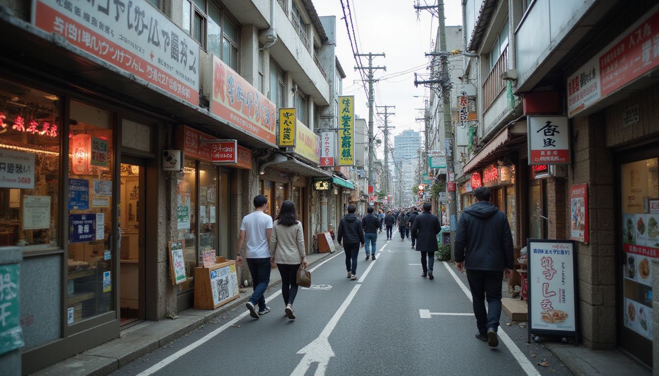 A lively street in Shinjuku features worn storefronts, colorful signage, and pedestrians amidst a blend of urban textures.