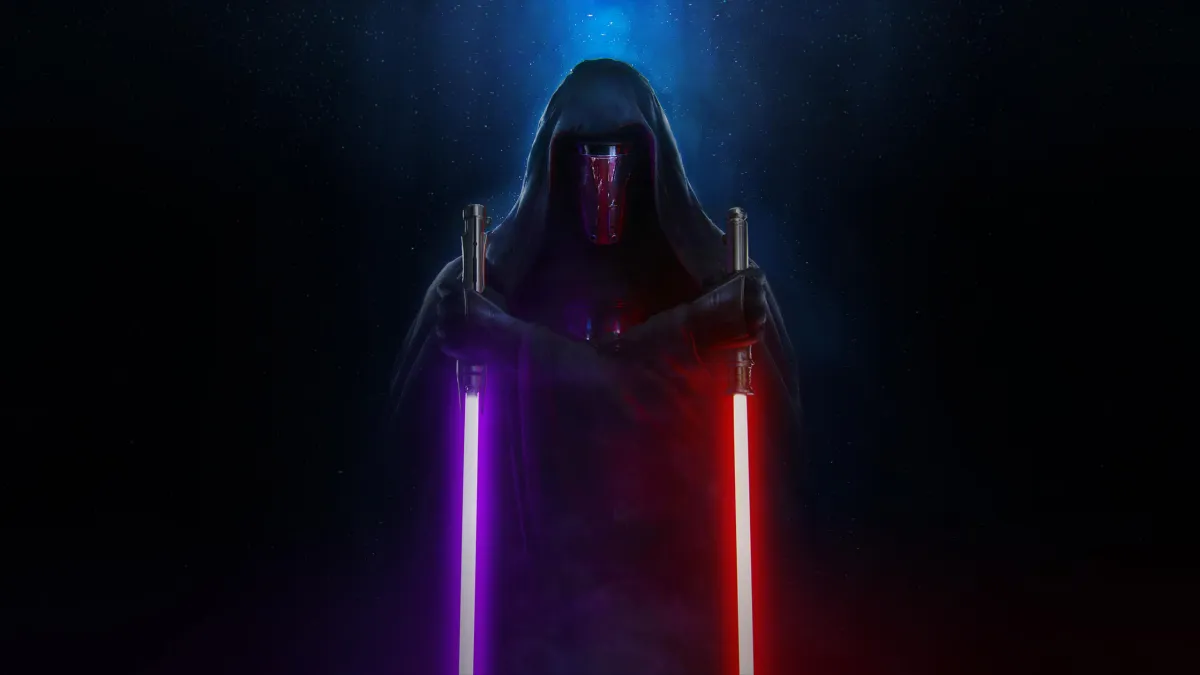 Darth Revan holding both his purple and red lightsabers facing down against a black background