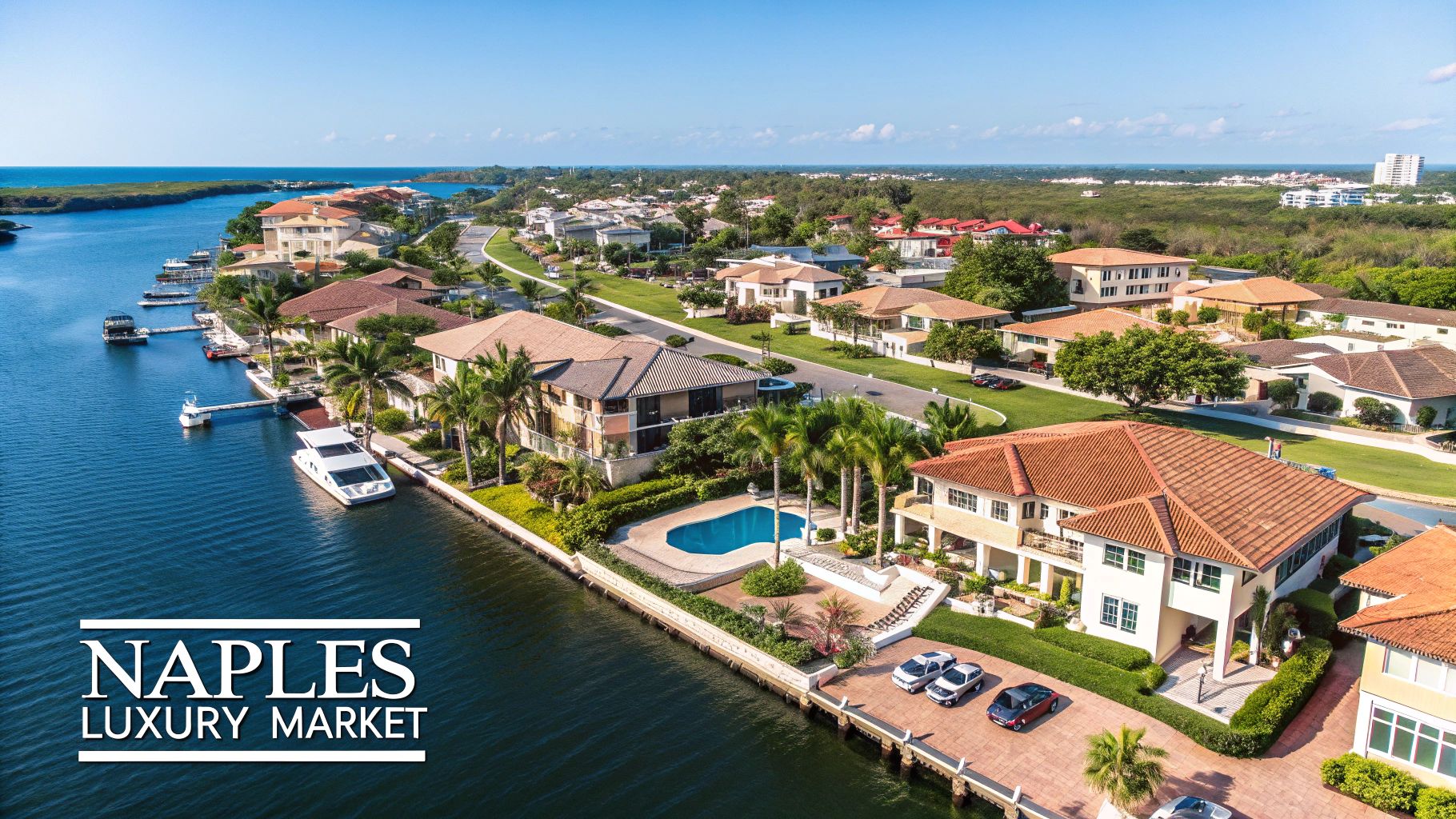 Aerial view of luxurious waterfront homes in Naples, Florida, with boats docked and lush landscaping.