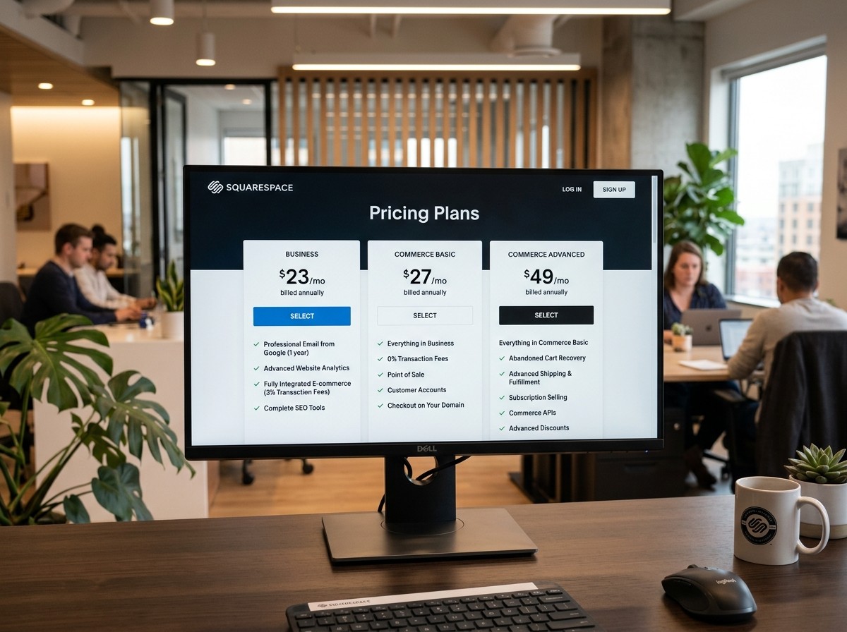 Squarespace pricing dashboard showing Business and Commerce plan features - squarespace ecommerce
