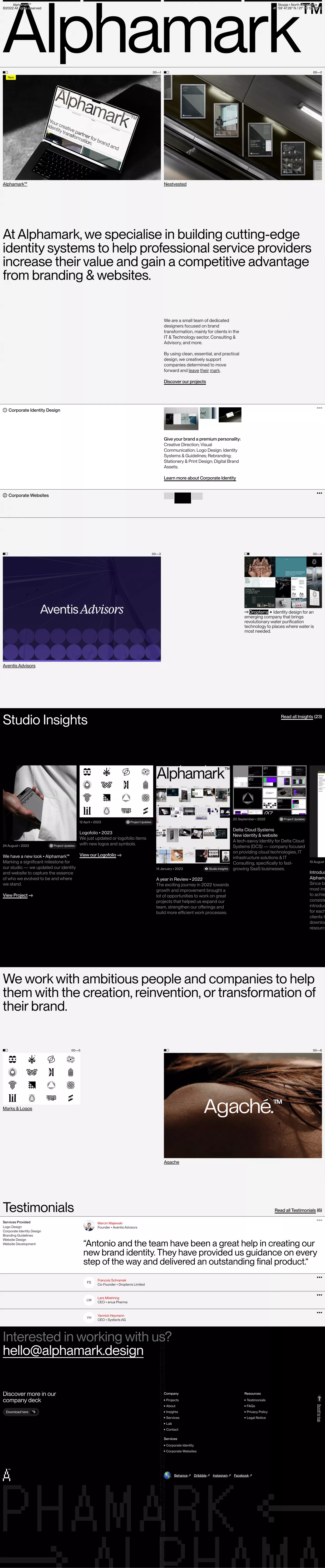 Alphamark™ ▪ Leave your mark portfolio page screenshot showcasing Design and Tech design
