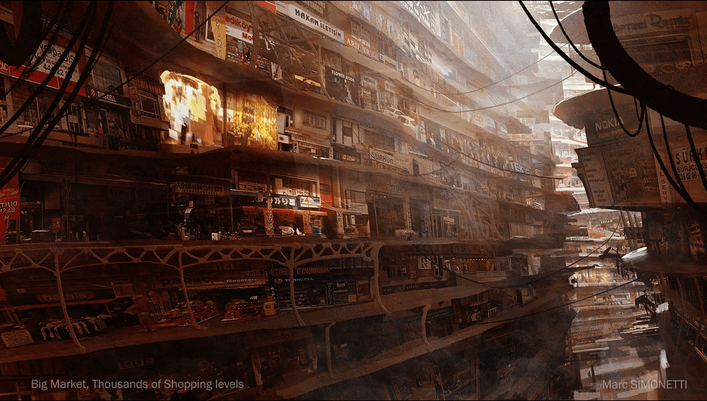Dystopian cyberpunk cityscape with neon signs and multiple building levels