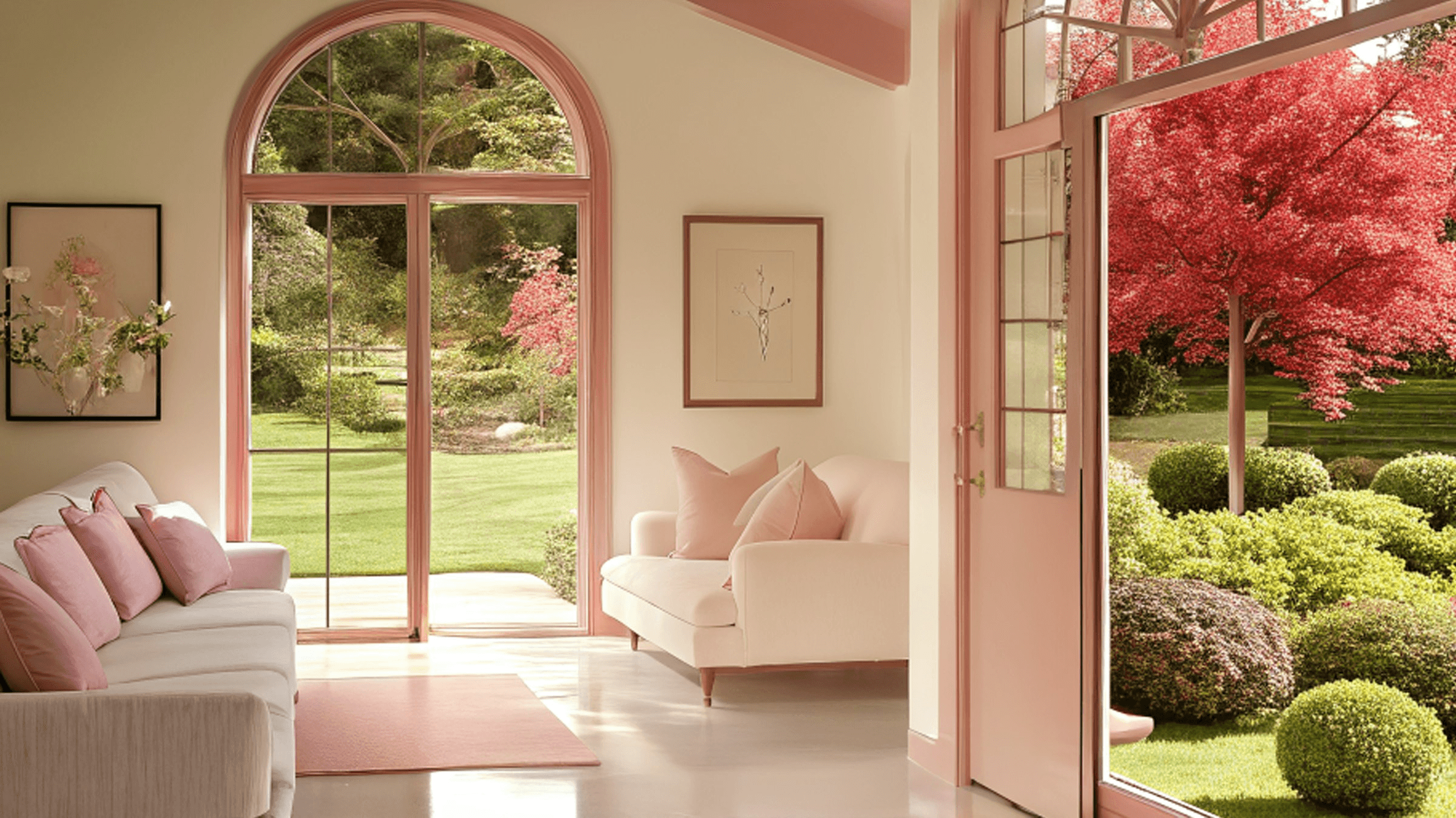 A cozy room with a large window, pink decor, and a lush garden visible outside, featuring vibrant greenery and flowers.