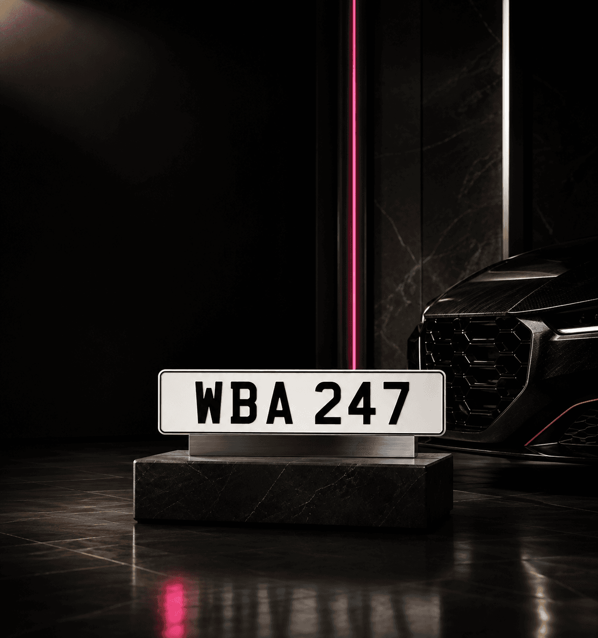 Private registration WBA 247 in a cinematic premium automotive environment