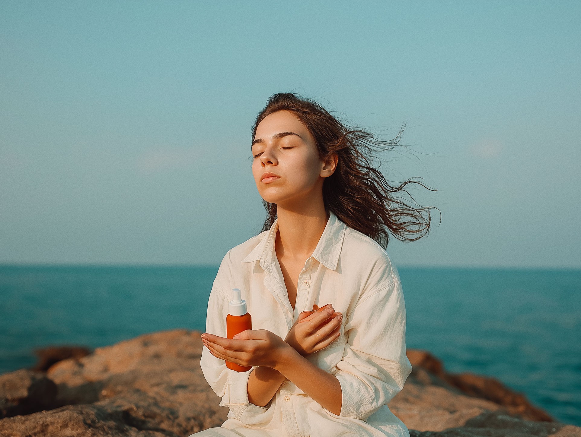 Woman in white linen shirt holding amber bottle by the ocean, wind in her hair